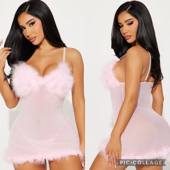 Fashion Nova Sexy Valentine’s Day Sweet Pink Feather Babydoll Set - Picture 1 of 4